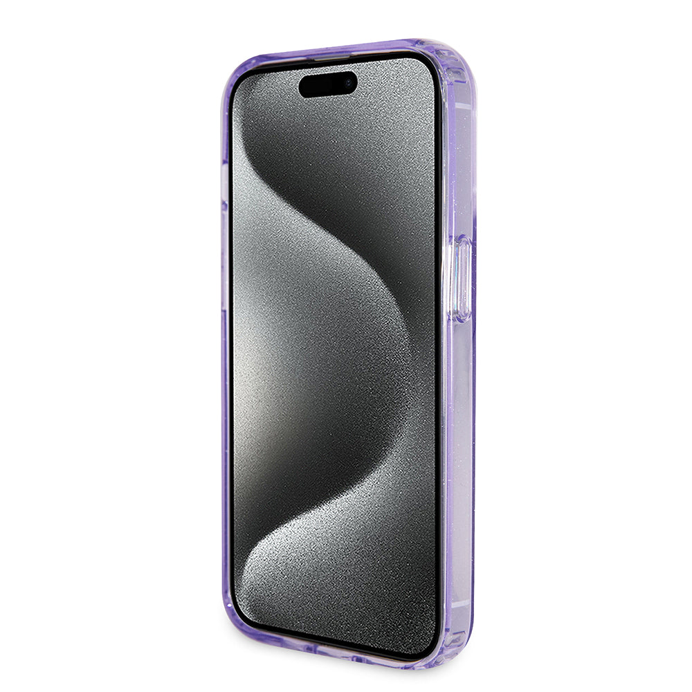 Guess MagSafe Ring Stand Glitter Hard Case Script Logo Θήκη προστασίας από σιλικόνη – iPhone 15 Pro (Διάφανη / Μωβ – GUHMP15LHRSGSU)