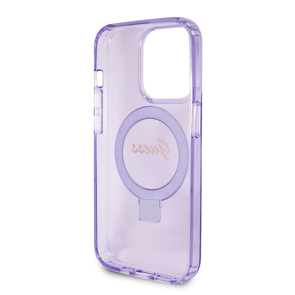 Guess MagSafe Ring Stand Glitter Hard Case Script Logo Θήκη προστασίας από σιλικόνη – iPhone 15 Pro (Διάφανη / Μωβ – GUHMP15LHRSGSU)