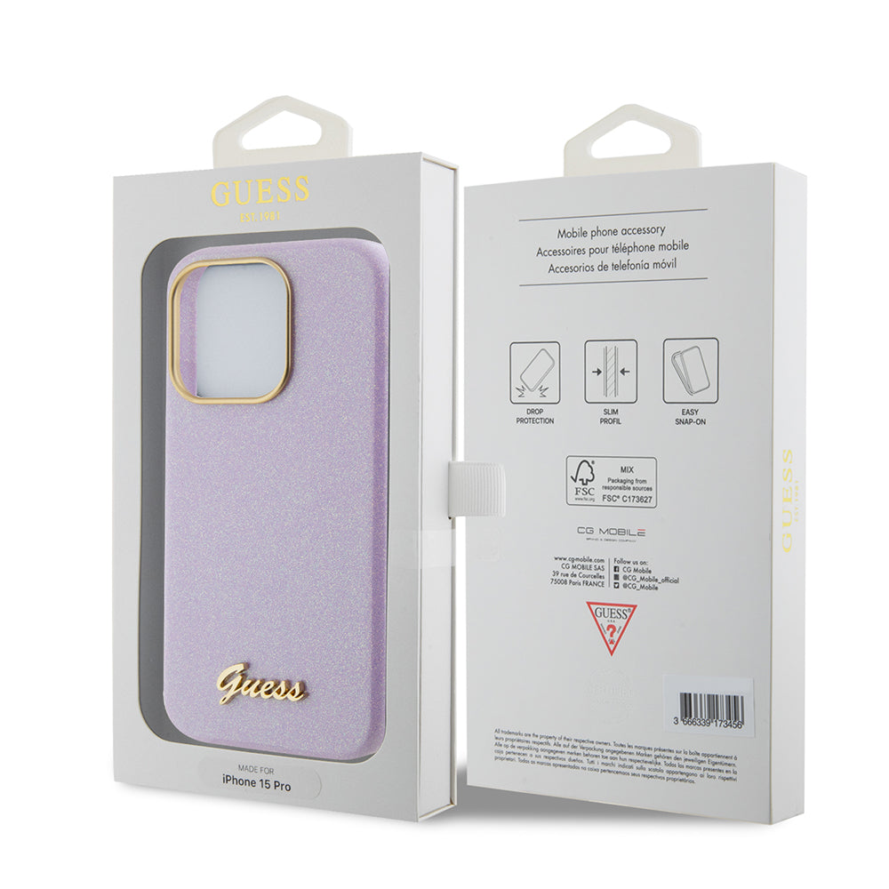 Guess Glitter Full Wrapped Glossy Case with Vintage Script Logo Θήκη προστασίας από σιλικόνη – iPhone 15 Pro (Glitter Lilac – GUHCP15LPGMCSL)