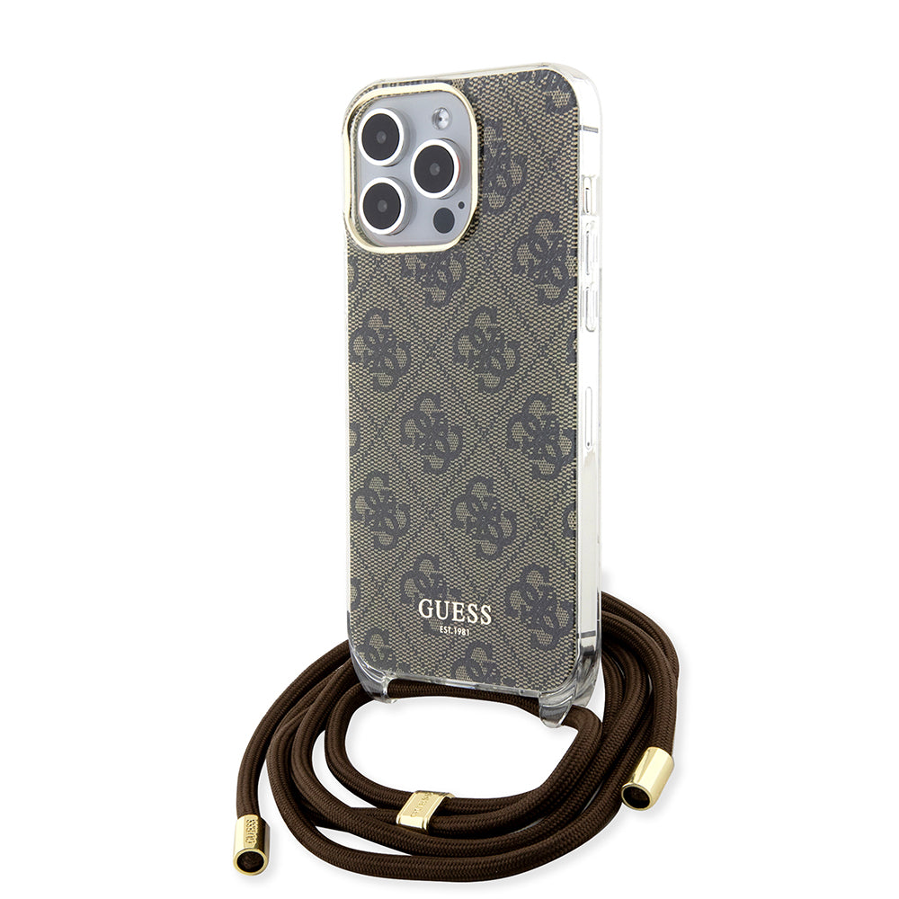 Guess "4G Logo Collection" Crossbody Hard Case Script Metal Logo Θήκη προστασίας από σιλικόνη με λουράκι – iPhone 15 Pro Max (Καφέ – GUHCP15XHC4SEW)