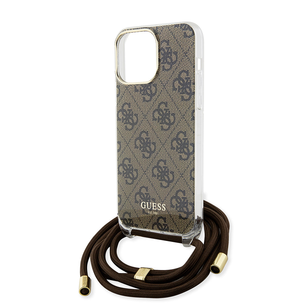 Guess "4G Logo Collection" Crossbody Hard Case Script Metal Logo Θήκη προστασίας από σιλικόνη με λουράκι – iPhone 15 Pro Max (Καφέ – GUHCP15XHC4SEW)