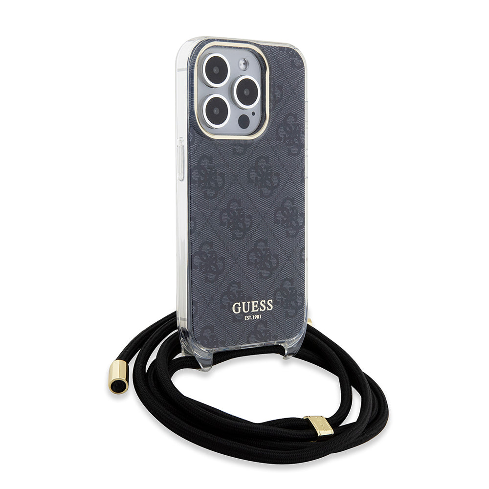 Guess "4G Logo Collection" Crossbody Hard Case Script Metal Logo Θήκη προστασίας από σιλικόνη με λουράκι – iPhone 15 Pro (Μαύρο – GUHCP15LHC4SEK)