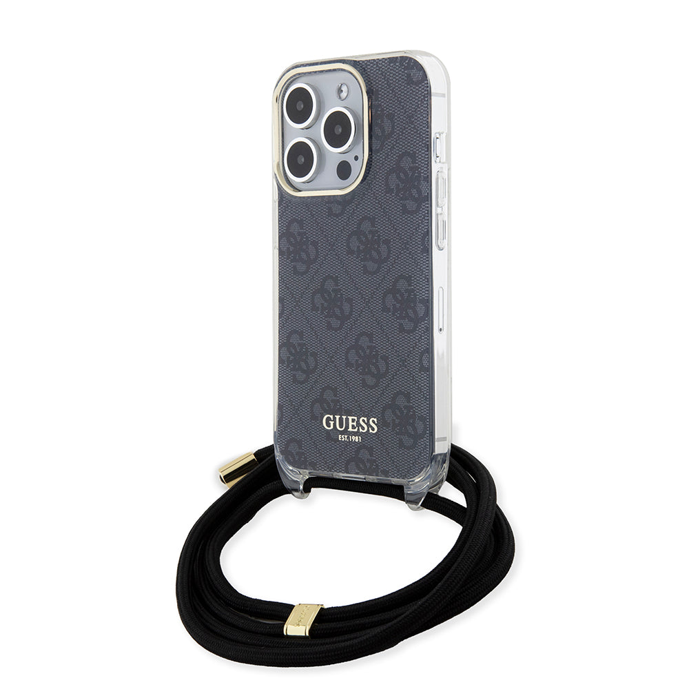 Guess "4G Logo Collection" Crossbody Hard Case Script Metal Logo Θήκη προστασίας από σιλικόνη με λουράκι – iPhone 15 Pro (Μαύρο – GUHCP15LHC4SEK)