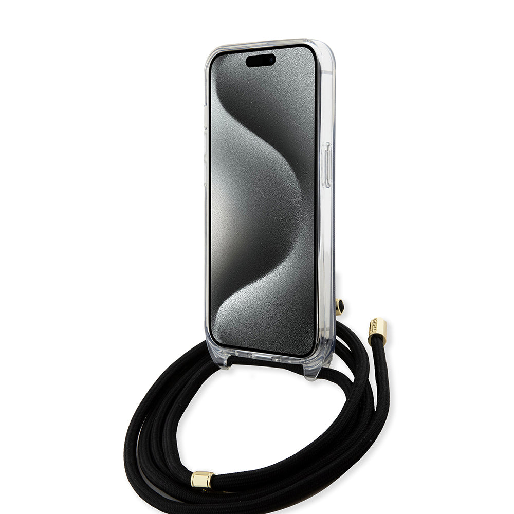 Guess "4G Logo Collection" Crossbody Hard Case Script Metal Logo Θήκη προστασίας από σιλικόνη με λουράκι – iPhone 15 (Μαύρο – GUHCP15SHC4SEK)