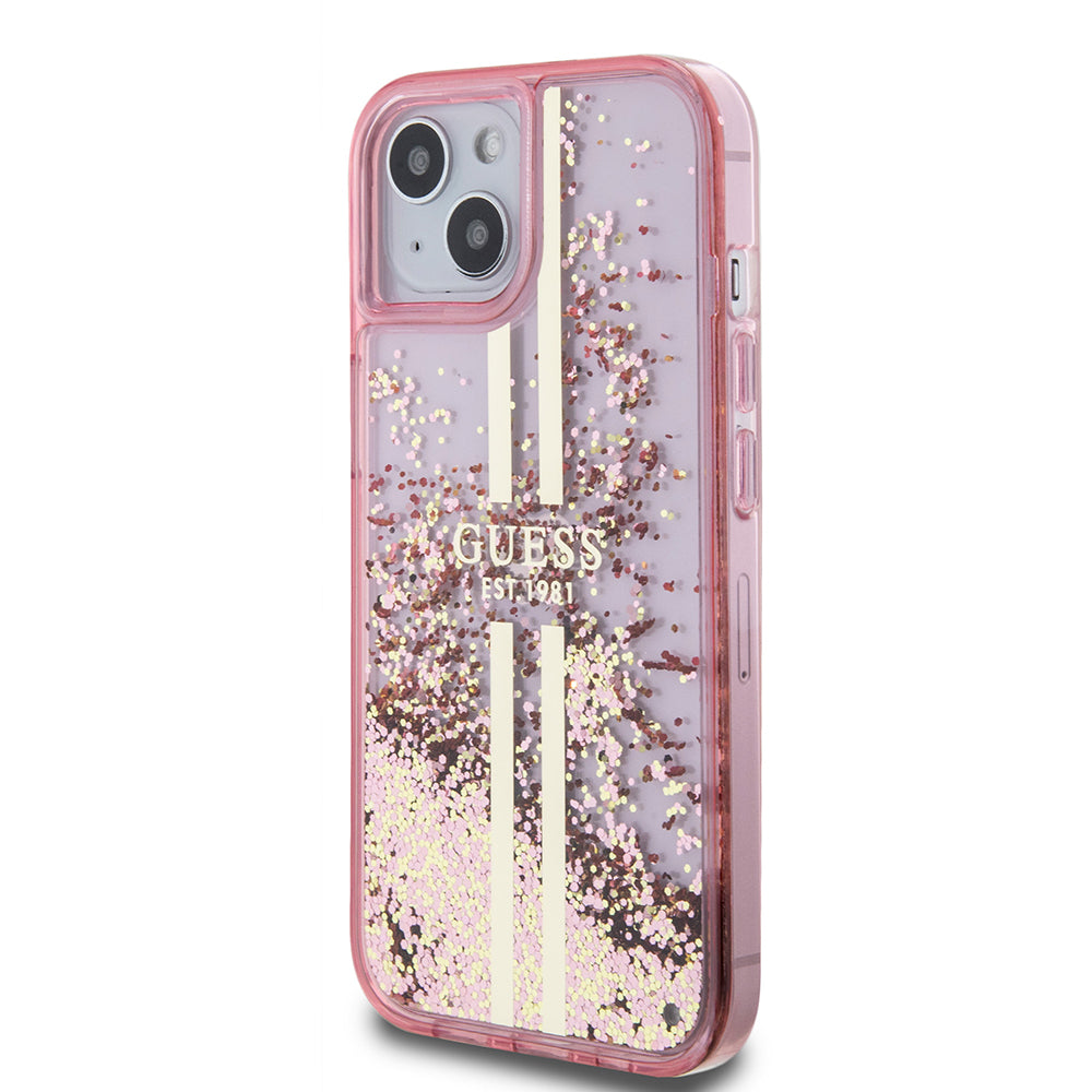 Guess “Liquid Glitter Gold Stripes" Ημιδιάφανη Θήκη προστασίας από σιλικόνη – iPhone 15 Plus (Ροζ – GUHCP15MLFCSEGP)