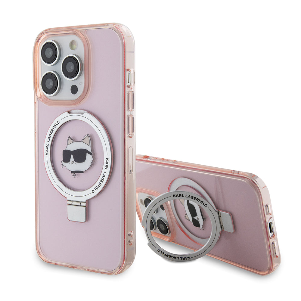 Karl Lagerfeld - Hardcase Ring Stand MagSafe (KLHMP15LHMRSCHP) - iPhone 15 Pro - Pink Choupette Head