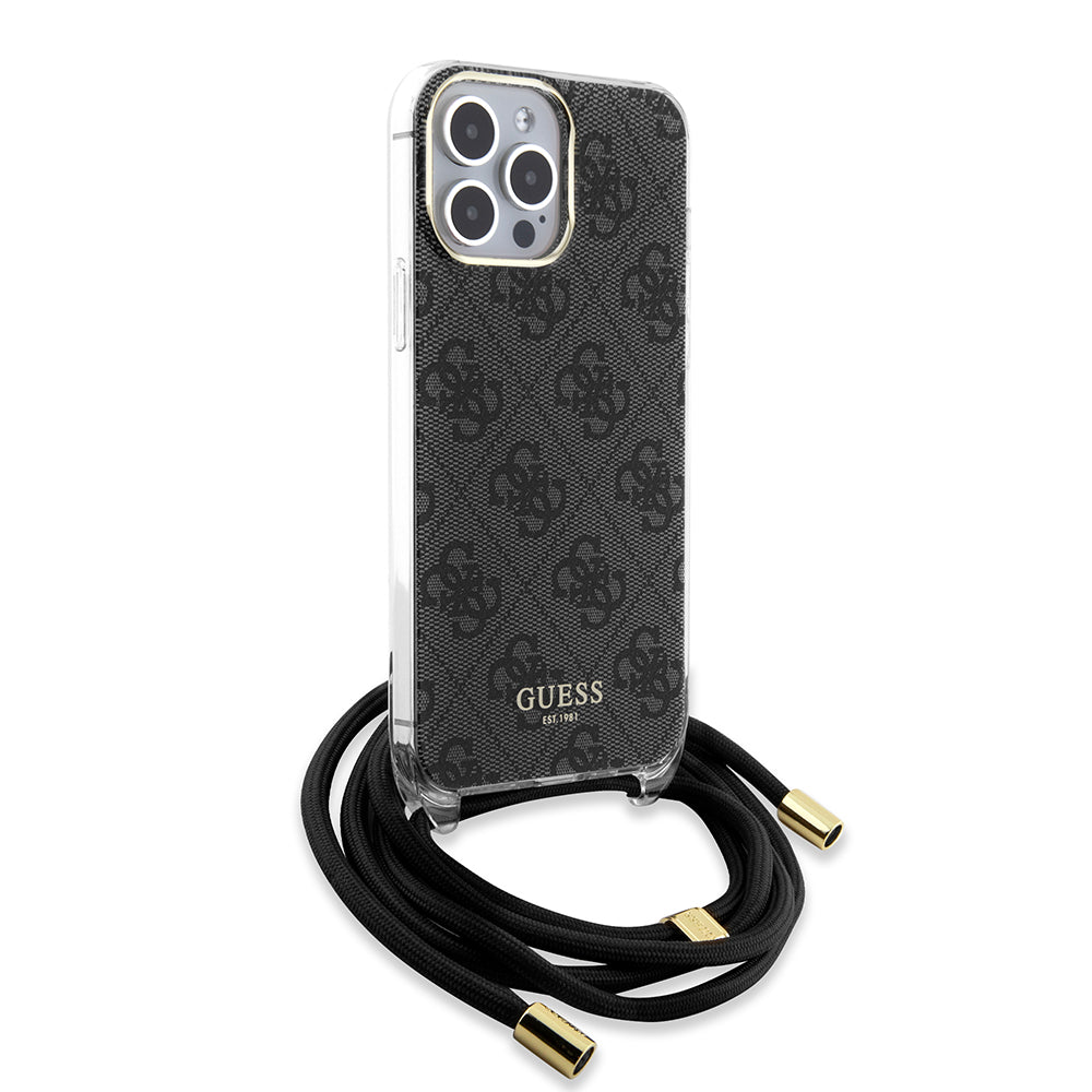 Guess "4G Logo Collection" Crossbody Hard Case Script Metal Logo Θήκη προστασίας από σιλικόνη με λουράκι – iPhone 15 Pro Max (Μαύρο – GUHCP15XHC4SEK)