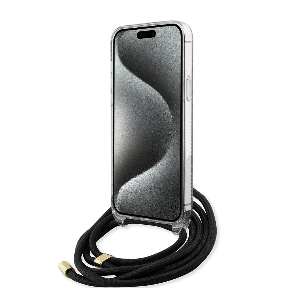 Guess "4G Logo Collection" Crossbody Hard Case Script Metal Logo Θήκη προστασίας από σιλικόνη με λουράκι – iPhone 15 Pro Max (Μαύρο – GUHCP15XHC4SEK)