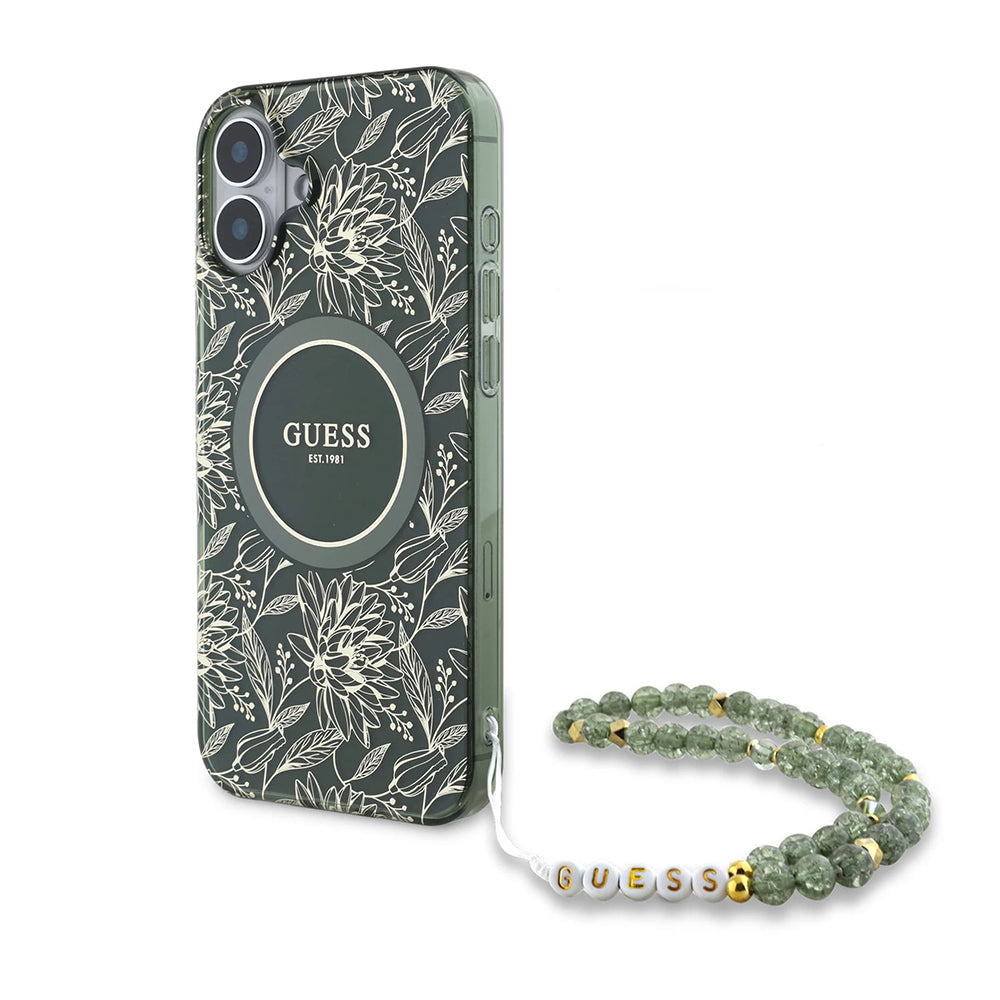 Guess - IML Flowers Allover Electro With Pearl Strap MagSafe (GUHMP16MHCPOFPA) - iPhone 16 Plus - Green
