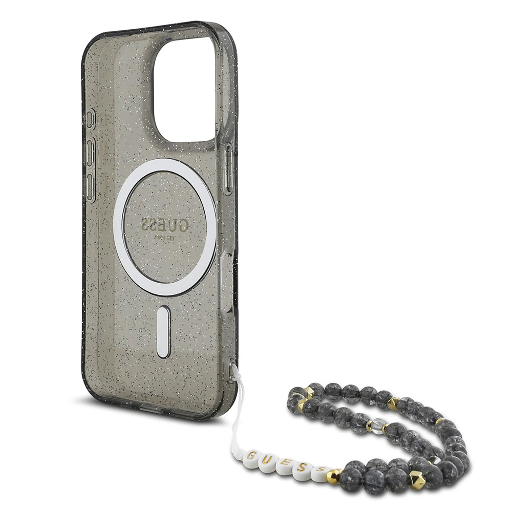 Guess Magsafe “Glitter with Pearl Strap” Hard Case Θήκη προστασίας από σκληρό πλαστικό – iPhone 16 Pro (Μαύρο – GUHMP16LHGCRELSK)