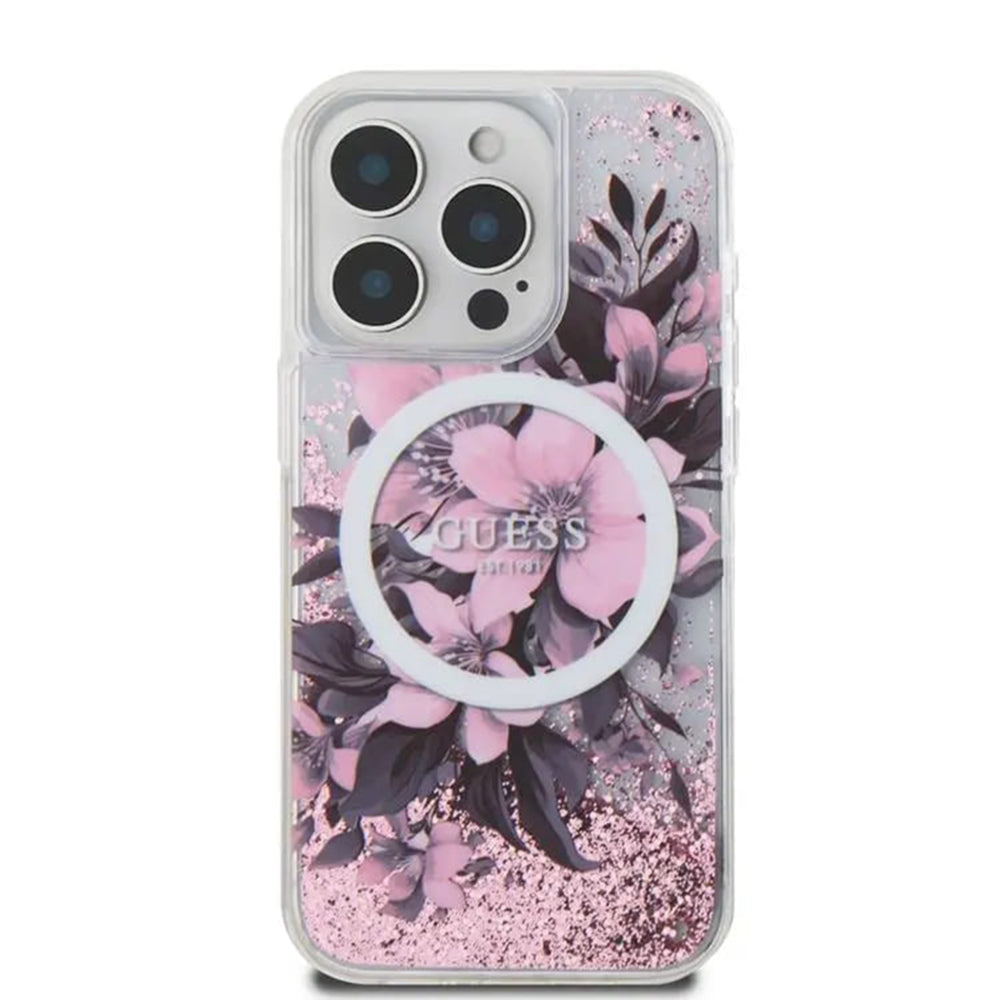 Guess Magsafe “Liquid Glitter Flower" Hard Case Θήκη προστασίας από σκληρό πλαστικό – iPhone 16 (Ροζ – GUHMP16SLFMWTP)