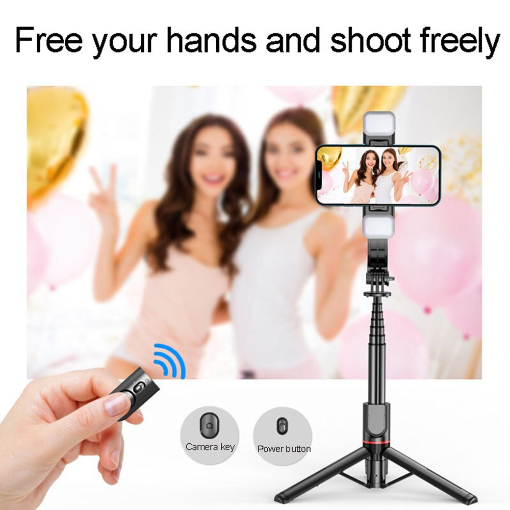 Techsuit - Selfie Stick (L12D) - Stable Tripod with Bluetooth Remote Control, 2x Detachable LED Light, 108cm - Black