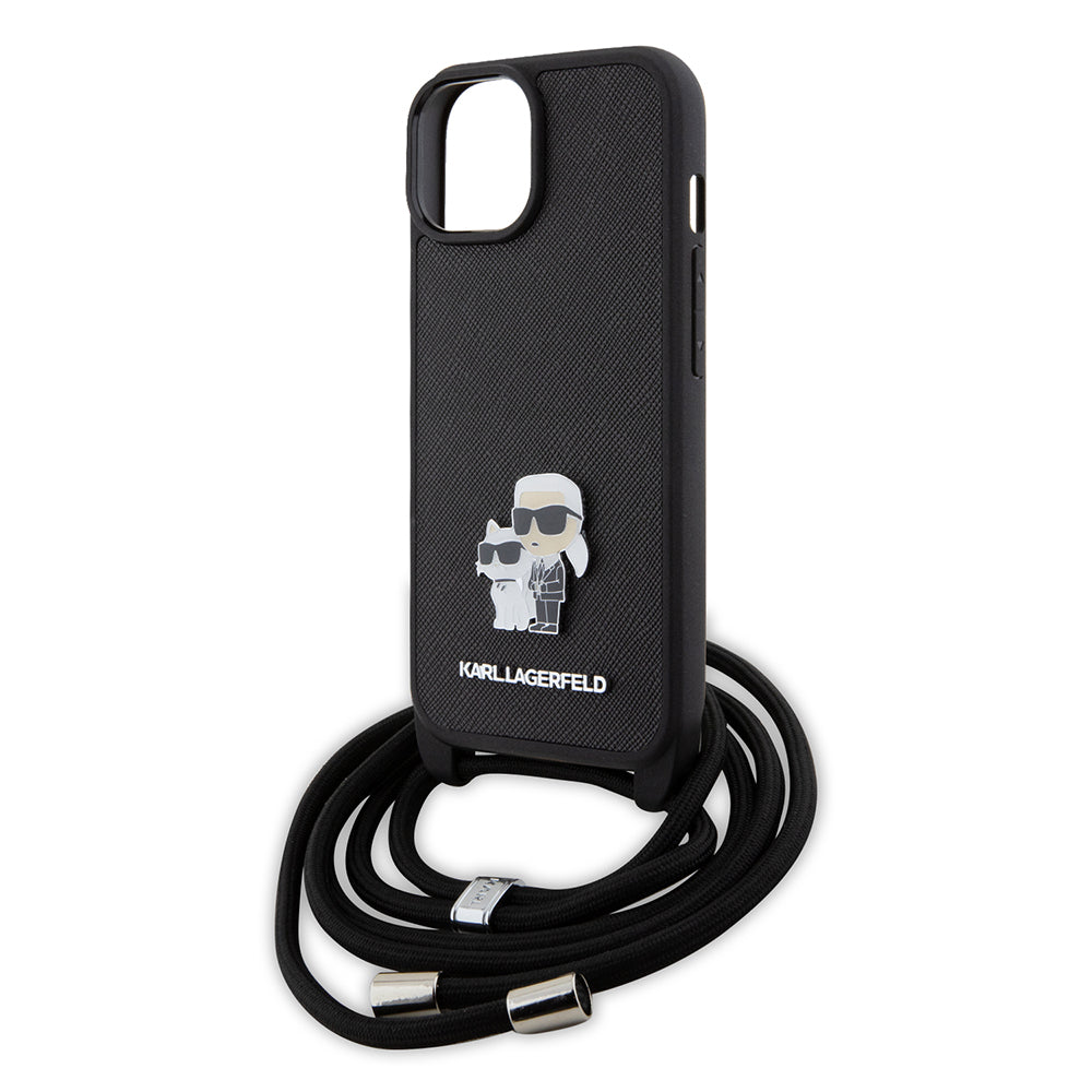 Karl Lagerfeld Crossbody K+C Metal Pin Saffiano Hard Case Θήκη προστασίας από δερματίνη με λουράκι – iPhone 15 (Μαύρο – KLHCP15SSAKCPSK)