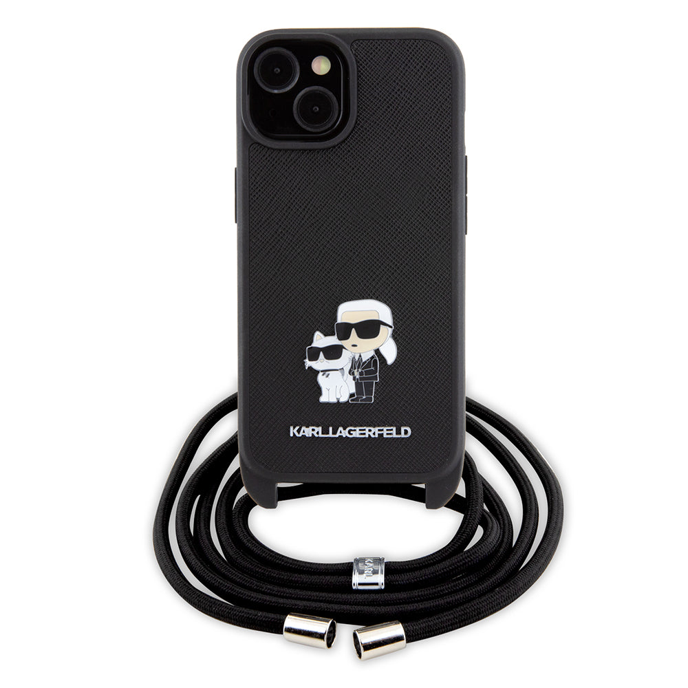 Karl Lagerfeld Crossbody K+C Metal Pin Saffiano Hard Case Θήκη προστασίας από δερματίνη με λουράκι – iPhone 15 (Μαύρο – KLHCP15SSAKCPSK)