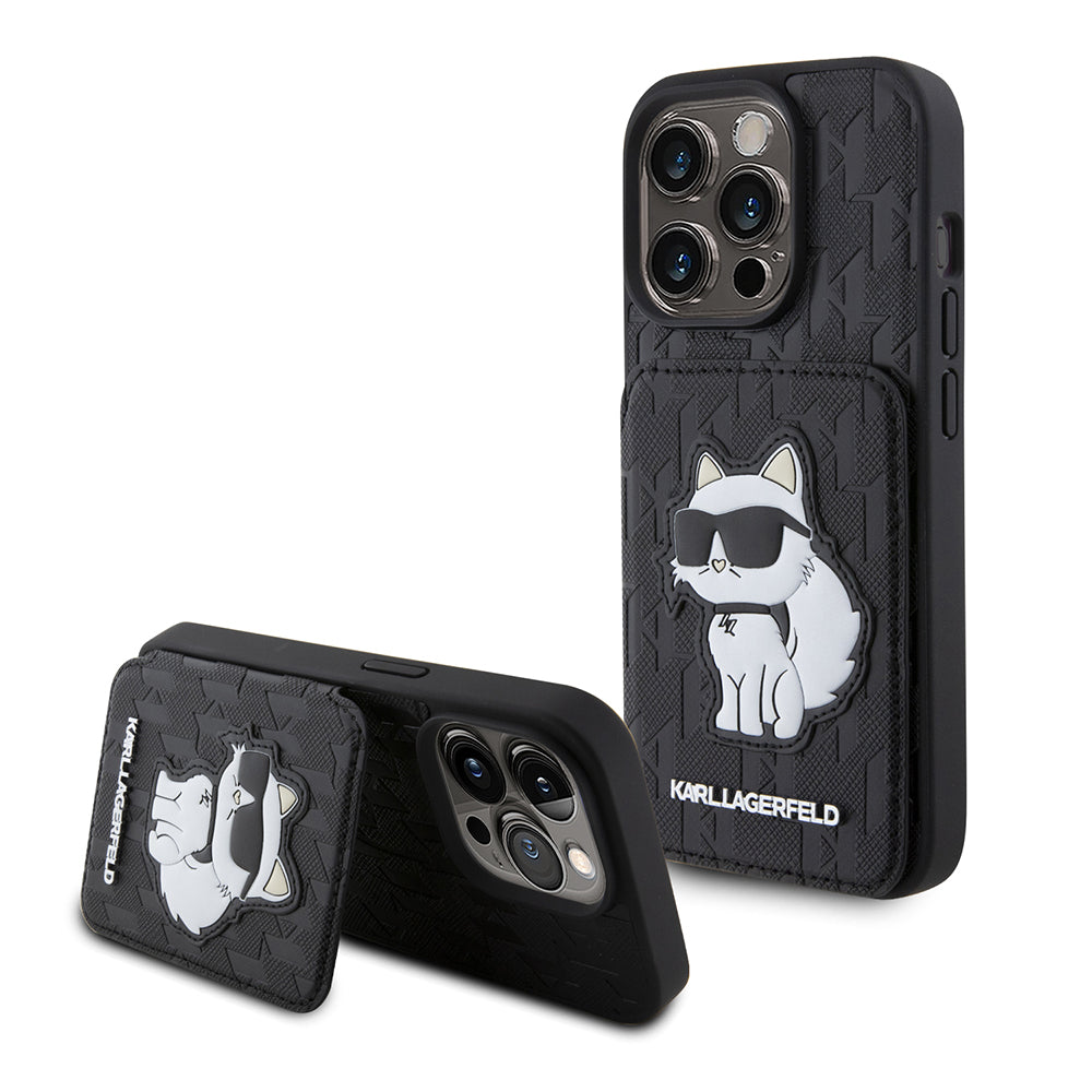 Karl Lagerfeld - Saffiano Cardslots and Stand (KLHCP15LSAKCNSCK) - iPhone 15 Pro - Monogram Choupette