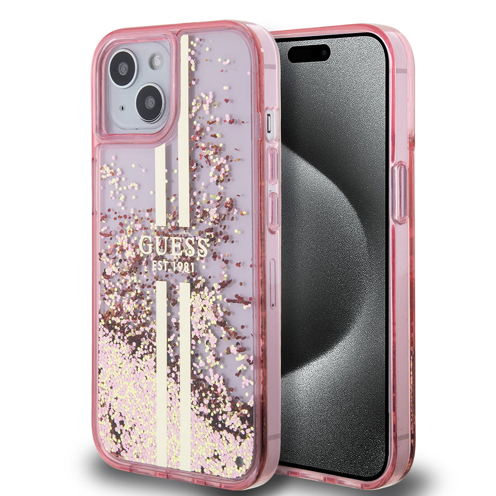 Guess “Liquid Glitter Gold Stripes" Ημιδιάφανη Θήκη προστασίας από σιλικόνη – iPhone 15 Plus (Ροζ – GUHCP15MLFCSEGP)