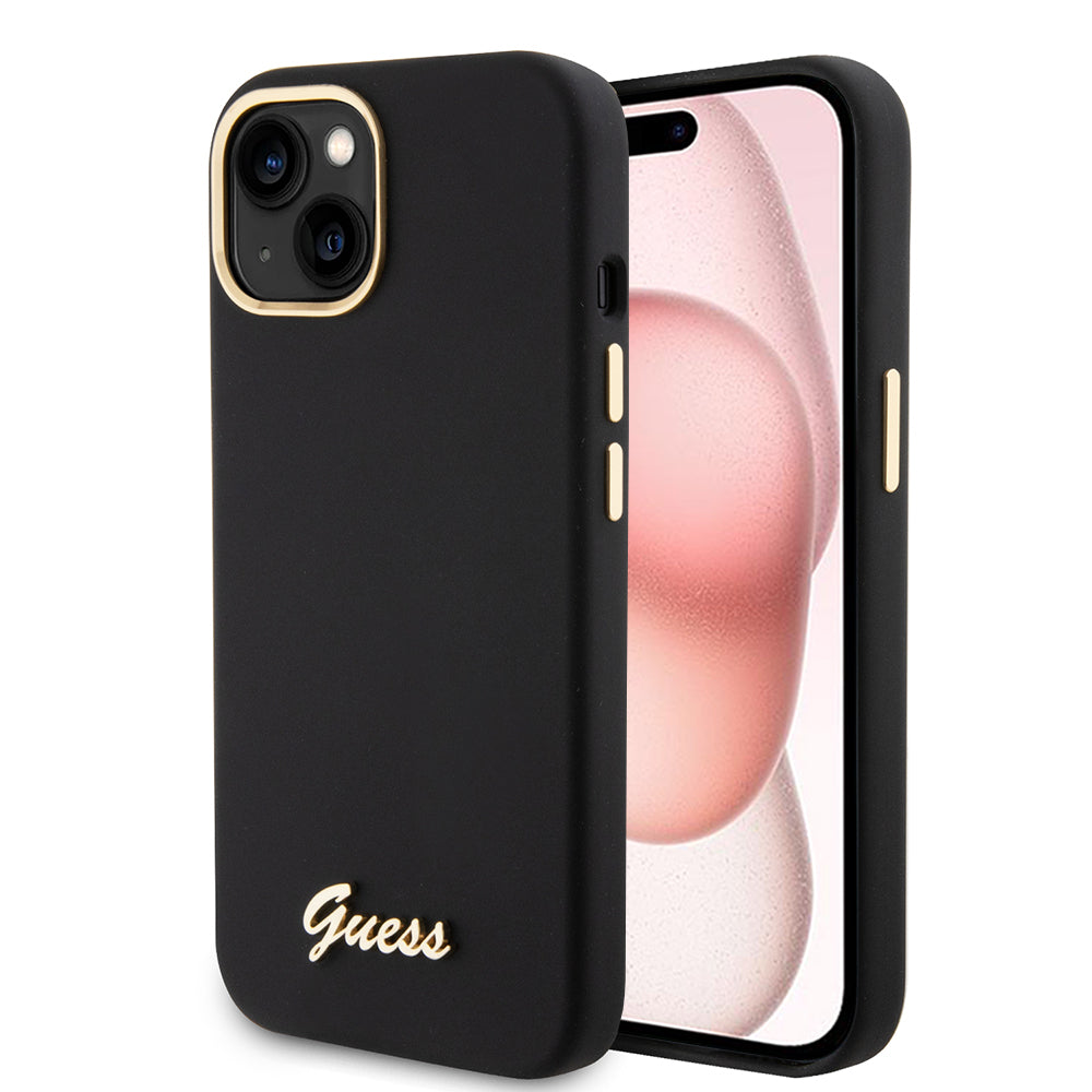 Guess - Silicone Script Metal Logo & Frame (GUHCP15SSMBSLK) - iPhone 15 - Black