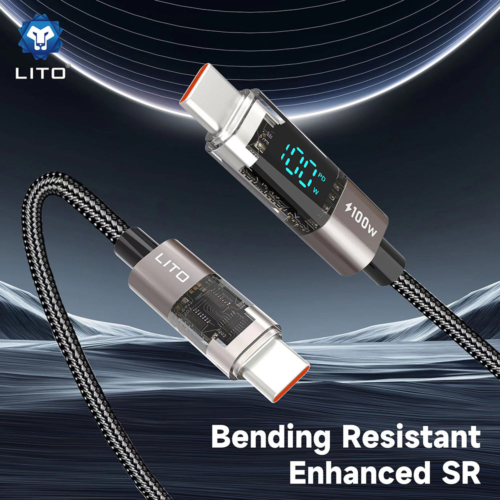Lito - Data Cable (LD09CC) - Type-C to Type-C, 100W High Speed Charging, LED Display, 1.2m - Black