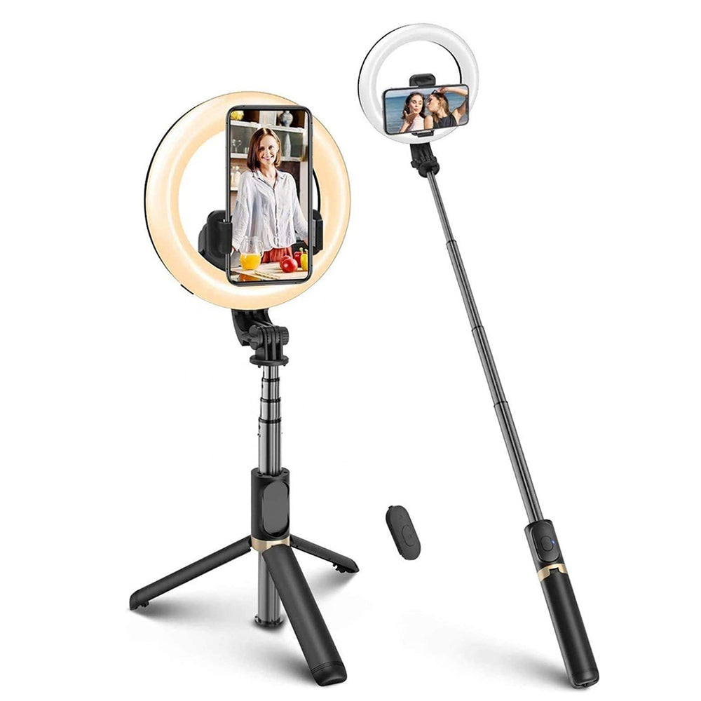 Techsuit - Selfie Stick (Q07) - Stable Tripod with Selfie Ring Light, Bluetooth Remote Control, 80cm - Black