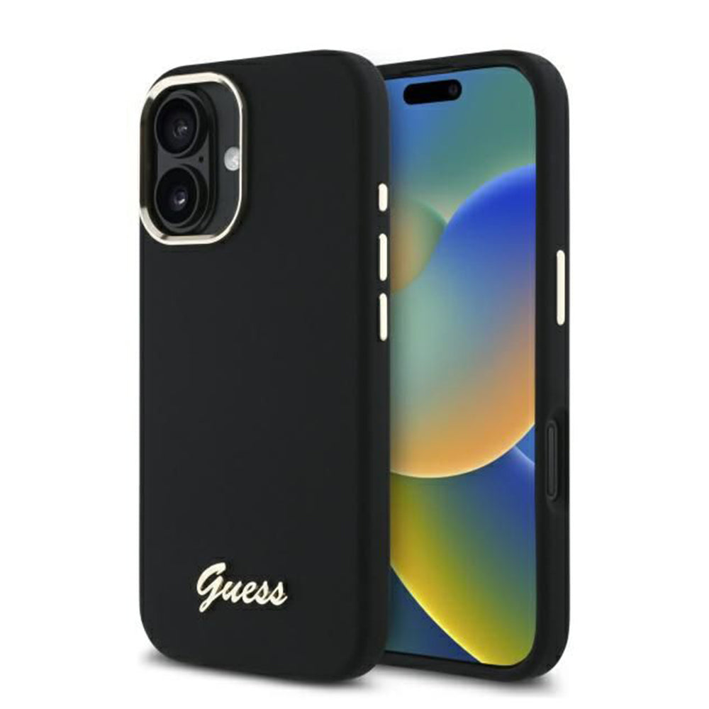 Guess - Silicone Script Metal Logo & Frame (GUHCP16MSMBSLK) - iPhone 16 Plus - Black