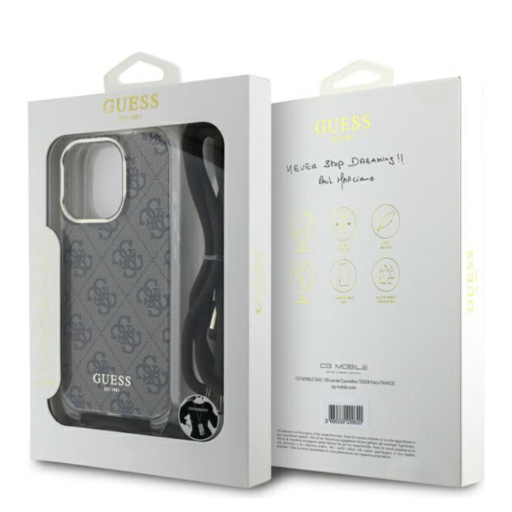 Guess “4G Logo Collection” Crossbody Hard Case Script Metal Logo Θήκη προστασίας από σιλικόνη με λουράκι – iPhone 16 Pro (Καφέ – GUHCP16LHC4SEW)