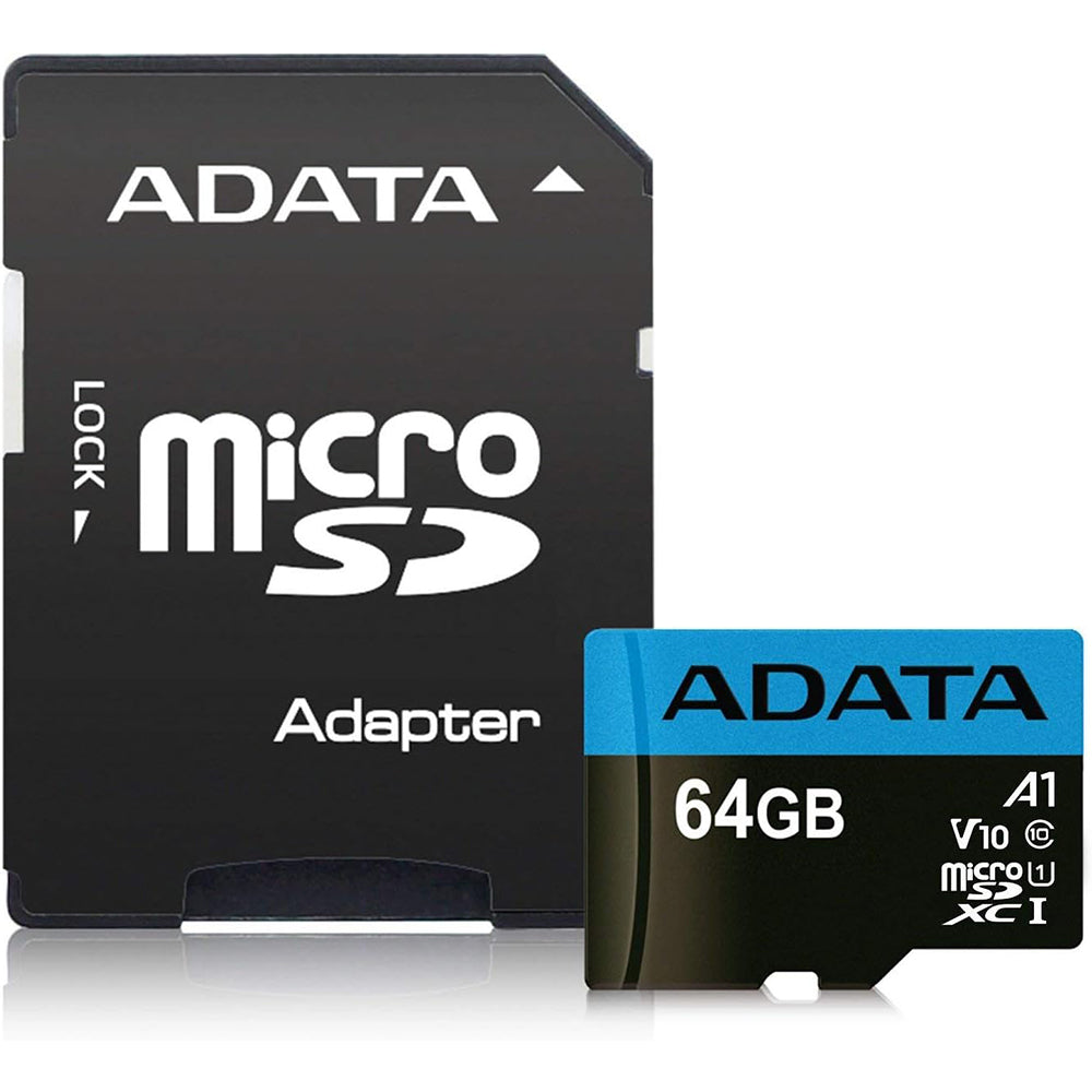 Adata - Memory Card (AUSDX64GUICL10A1-RA1) - MicroSDXC, Adapter, Class 10, UHS-I V10, 64GB, Read 100MB/s, Write 25MB/s – Black