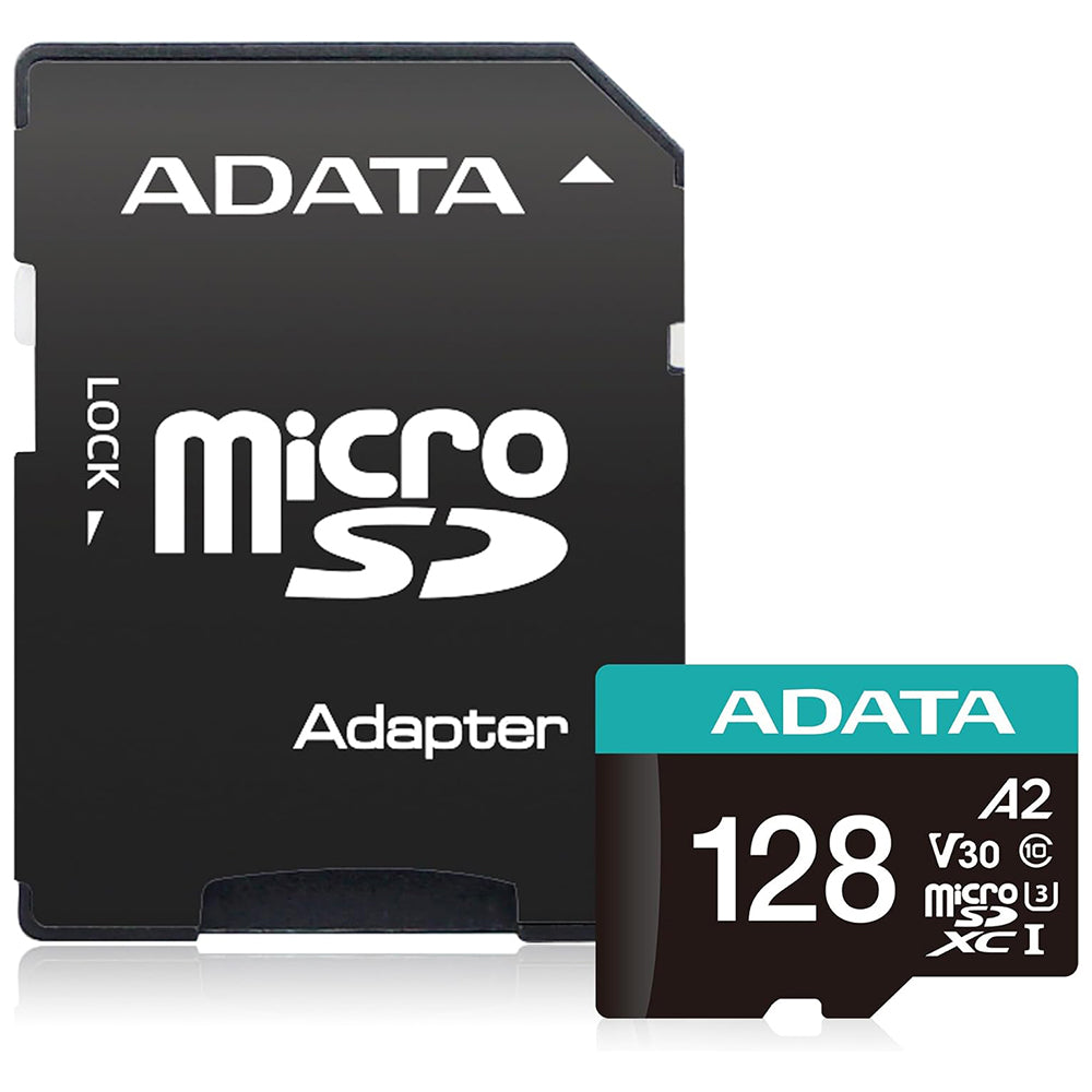Adata - Memory Card (AUSDX128GUI3V30SA2-RA1) - MicroSDXC, Adapter, Class 10, UHS-I U1, 128GB, Read 100MB/s - Black