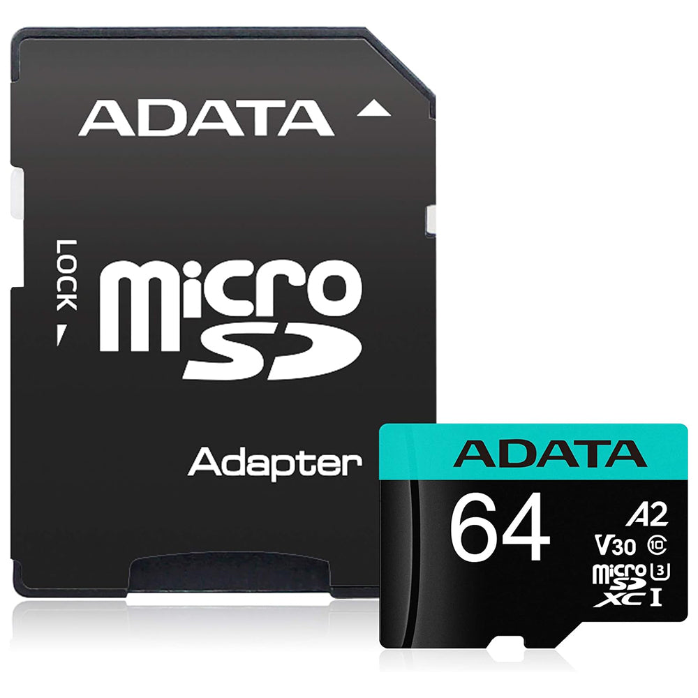 Adata - Memory Card (AUSDX64GUI3V30SA2-RA1) - MicroSDHC, Adapter, Class 10, UHS-I U3, 64GB, Read 100MB/s - Black