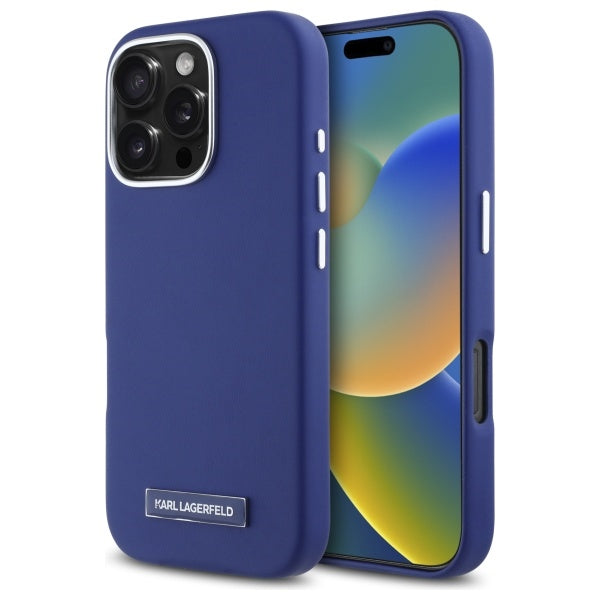 Karl Lagerfeld - Leather MagSafe (KLHMP16XPGMSRPB) - iPhone 16 Pro Max - Blue FW Metal Plate