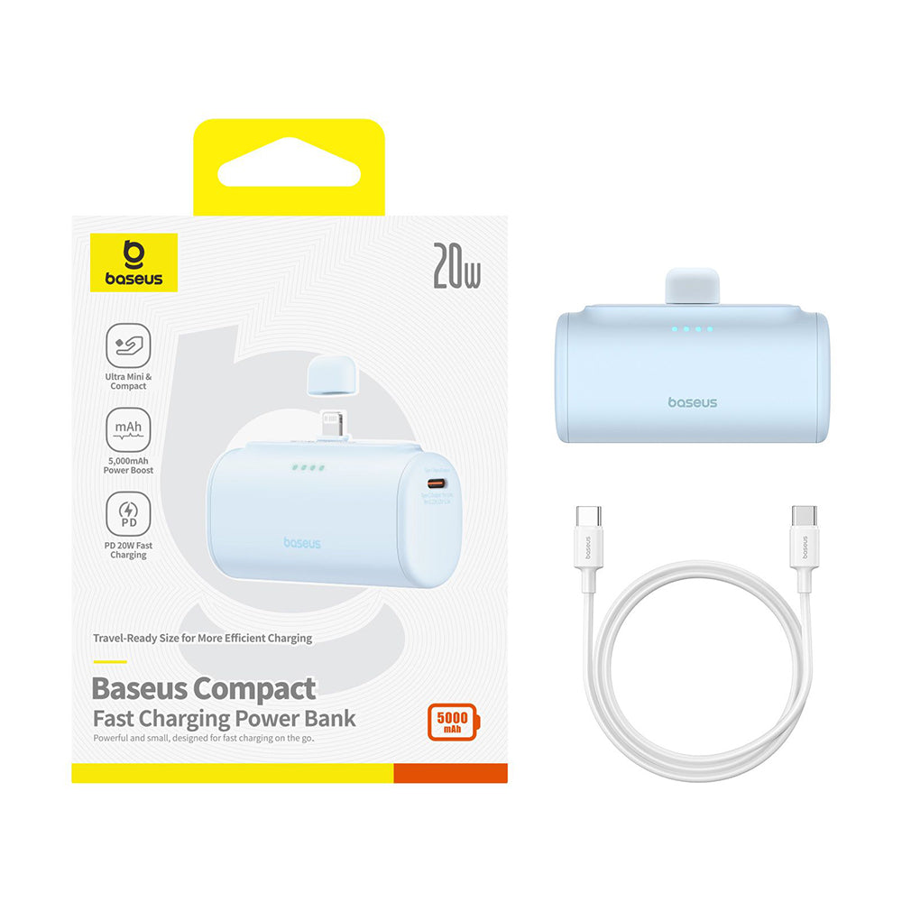 Baseus - Power Bank (P10068307313-00) - Lightning, Compact Design, 20W, 5000mAh, with Cable Type-C - Bleu