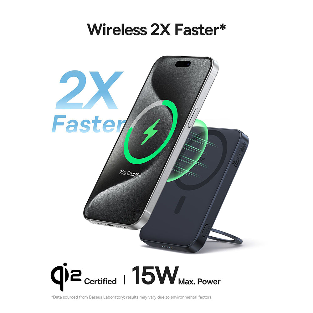 Baseus - Power Bank PicoGo (P10076802123-00) - Type-C, Qi2, Fast Charging, 20W, 5000mAh, Rotable Stand, Cable Type-C - Black