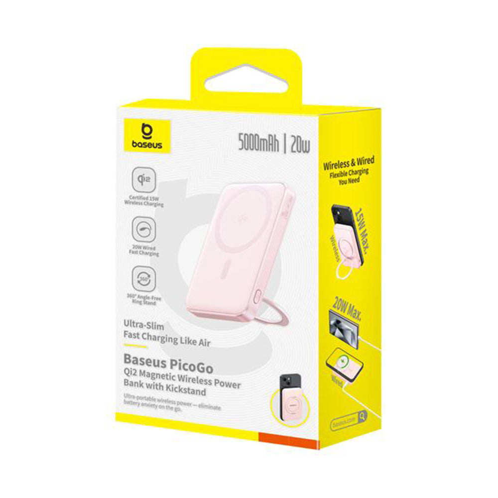 Baseus - Power Bank PicoGo (P10076800413-00) - Type-C, Qi2, Fast Charging, 20W, 5000mAh, Rotable Stand, Cable Type-C - Pink