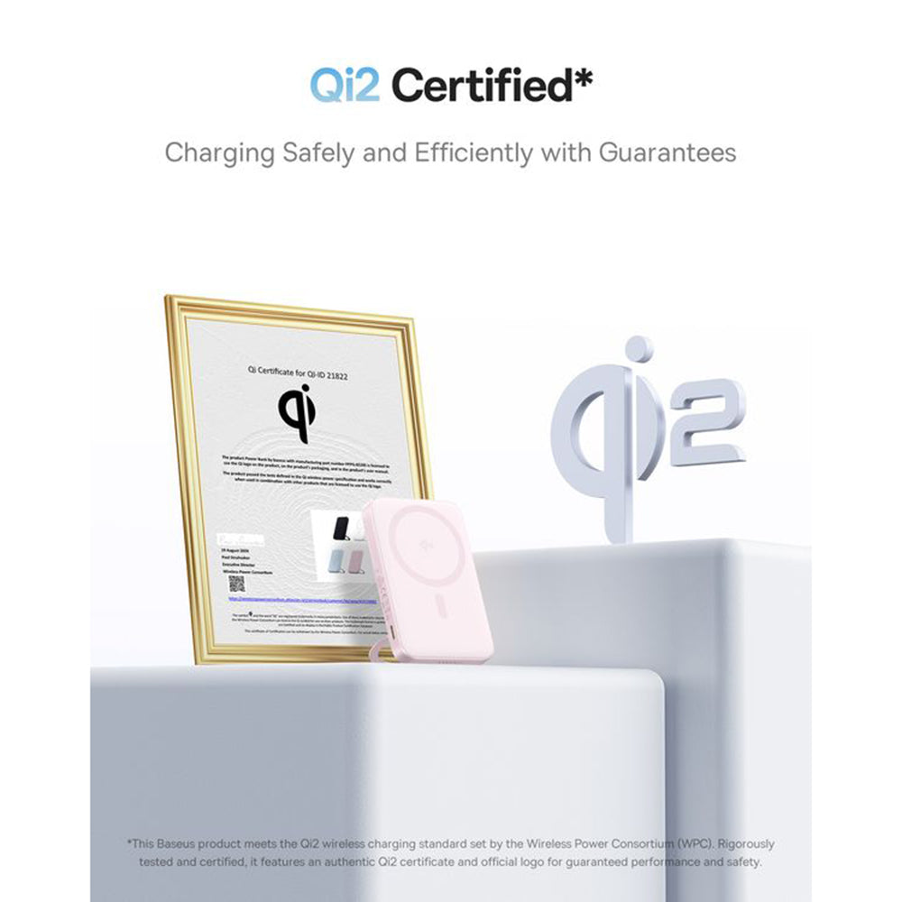 Baseus - Power Bank PicoGo (P10076800413-00) - Type-C, Qi2, Fast Charging, 20W, 5000mAh, Rotable Stand, Cable Type-C - Pink