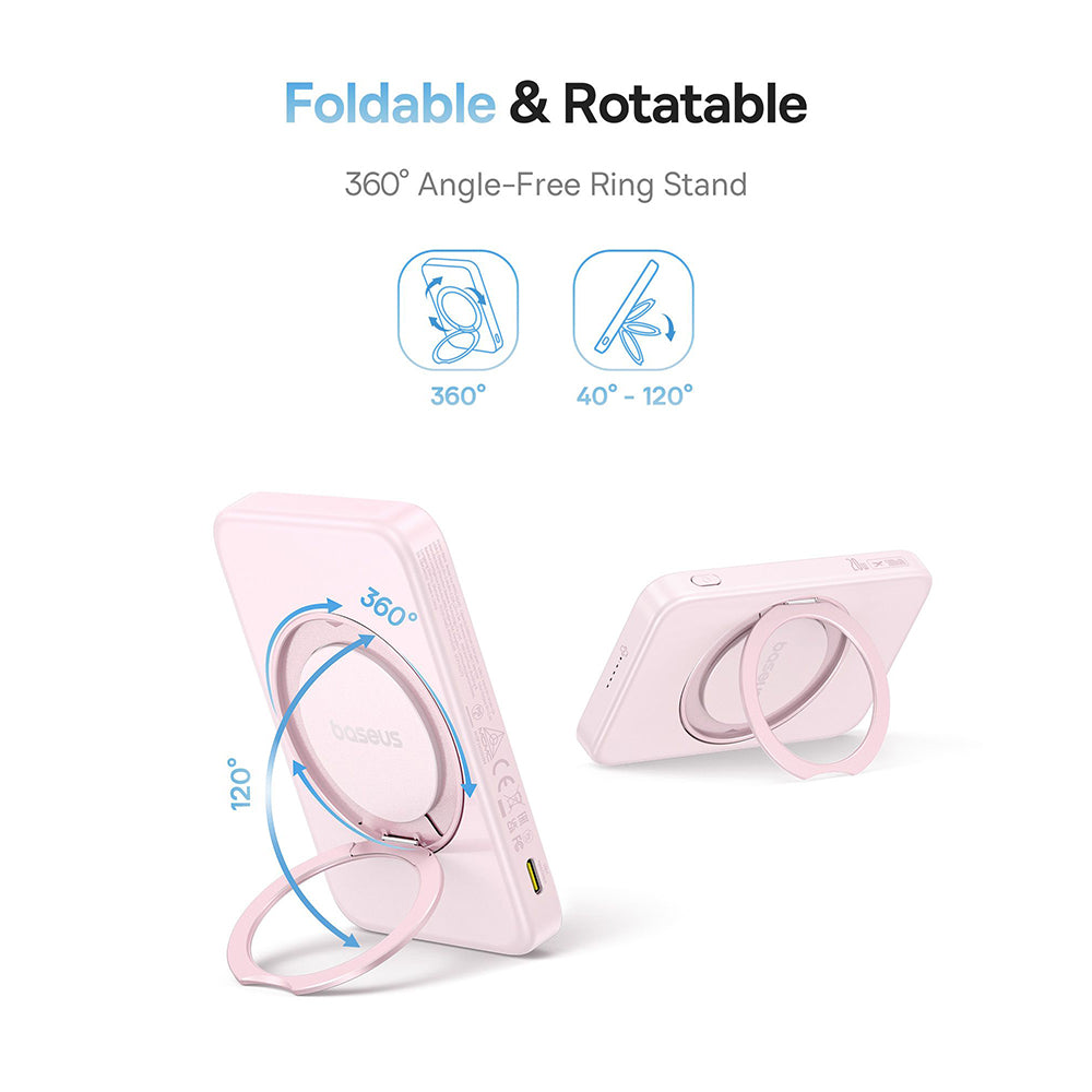Baseus - Power Bank PicoGo (P10076800413-00) - Type-C, Qi2, Fast Charging, 20W, 5000mAh, Rotable Stand, Cable Type-C - Pink