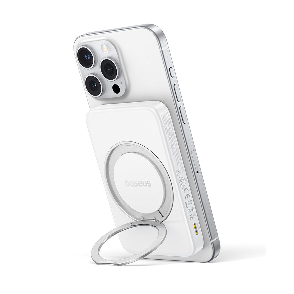 Baseus - Power Bank PicoGo (P10076800213-01) - Type-C, Qi2, Fast Charging, 20W, 5000mAh, Rotable Stand, Cable Type-C - White