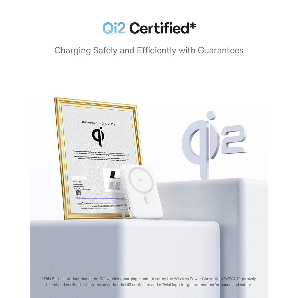 Baseus - Power Bank PicoGo (P10076800213-01) - Type-C, Qi2, Fast Charging, 20W, 5000mAh, Rotable Stand, Cable Type-C - White