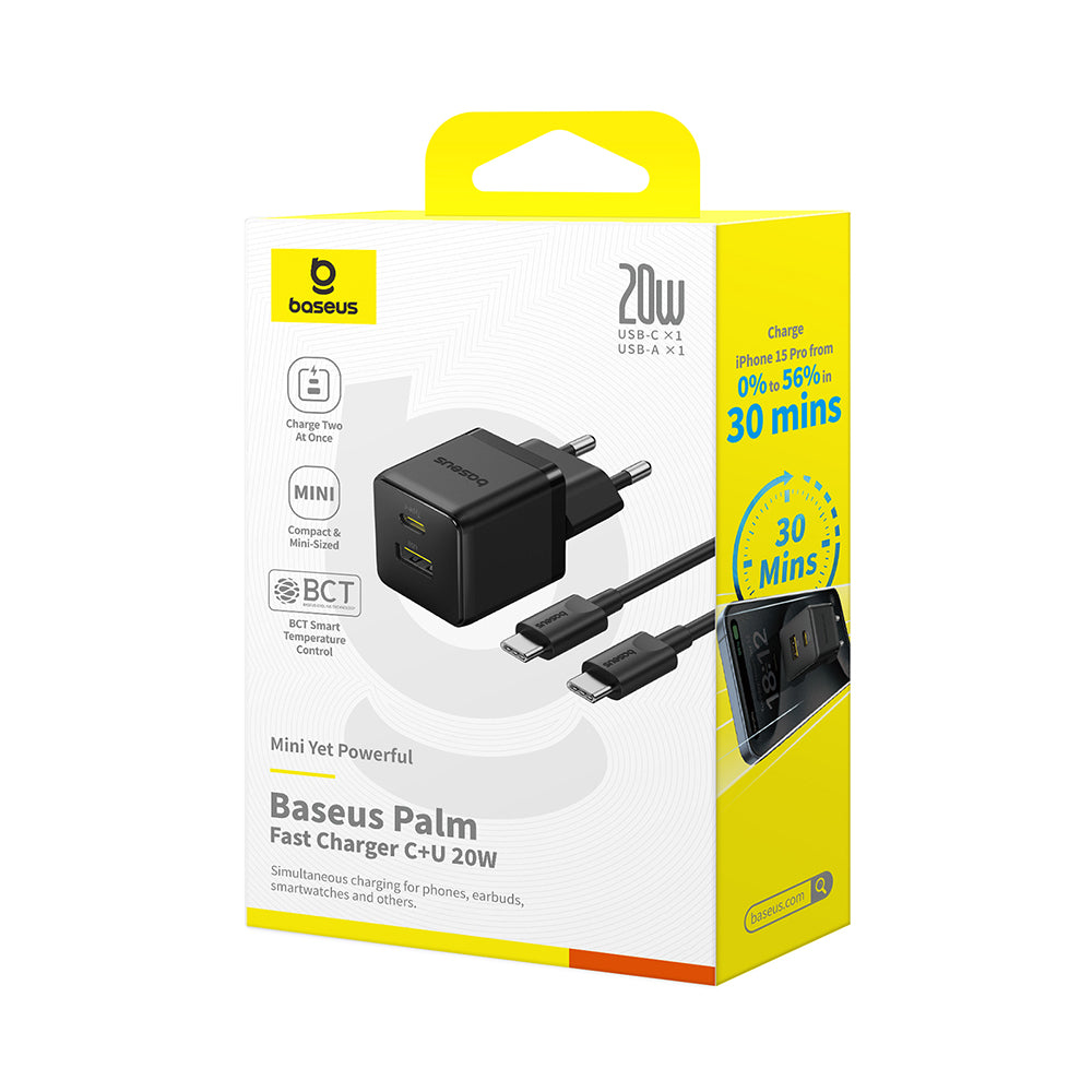Baseus - Wall Charger Palm (P10111608113-01) - Type-C Cable Included, 2in1 Fast Charger, USB, USB-C, 20W, 5V/3.0A, 1m - Cluster Black