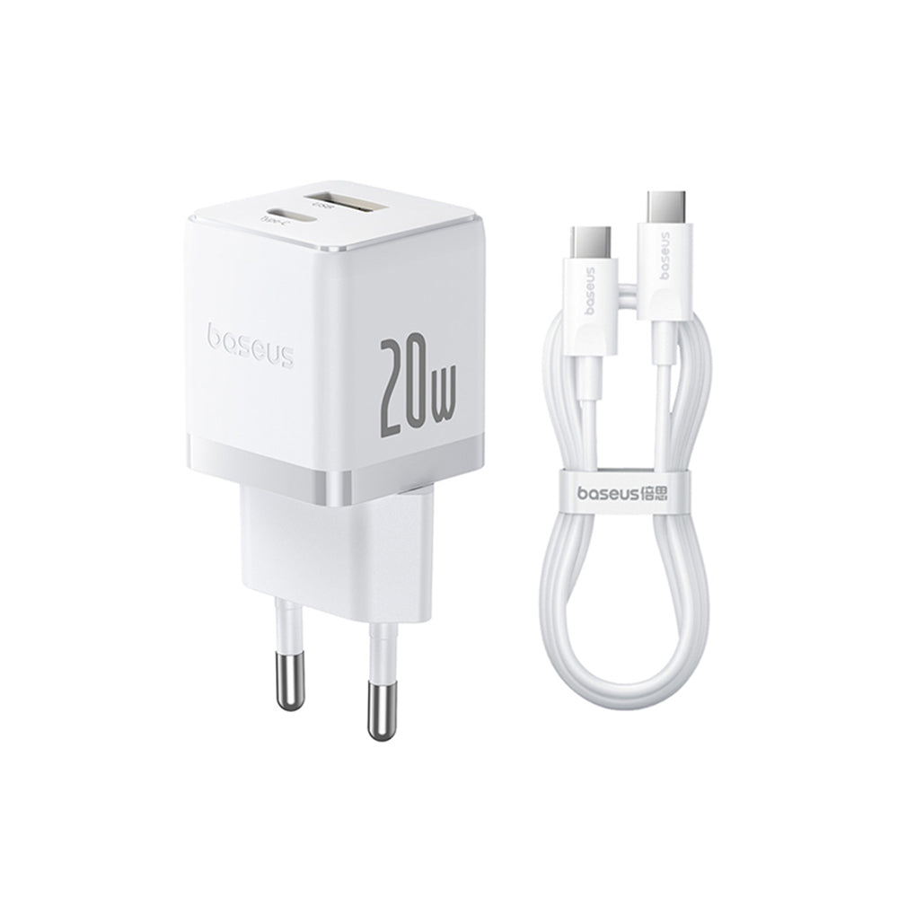 Baseus - Wall Charger Palm (P10111608213-01) - Type-C Cable Included, 2in1 Fast Charger, USB, USB-C, 20W, 5V/3.0A, 1m - Moon White