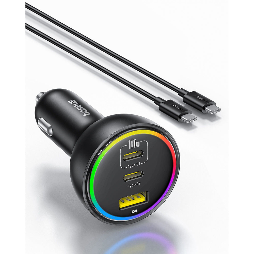 Baseus - Car Charger (C00036101111-00) - 2x USB-C, USB, 152.5W, Fast Charging, RGB Ambient Light, USB-C Cable - Cluster Black