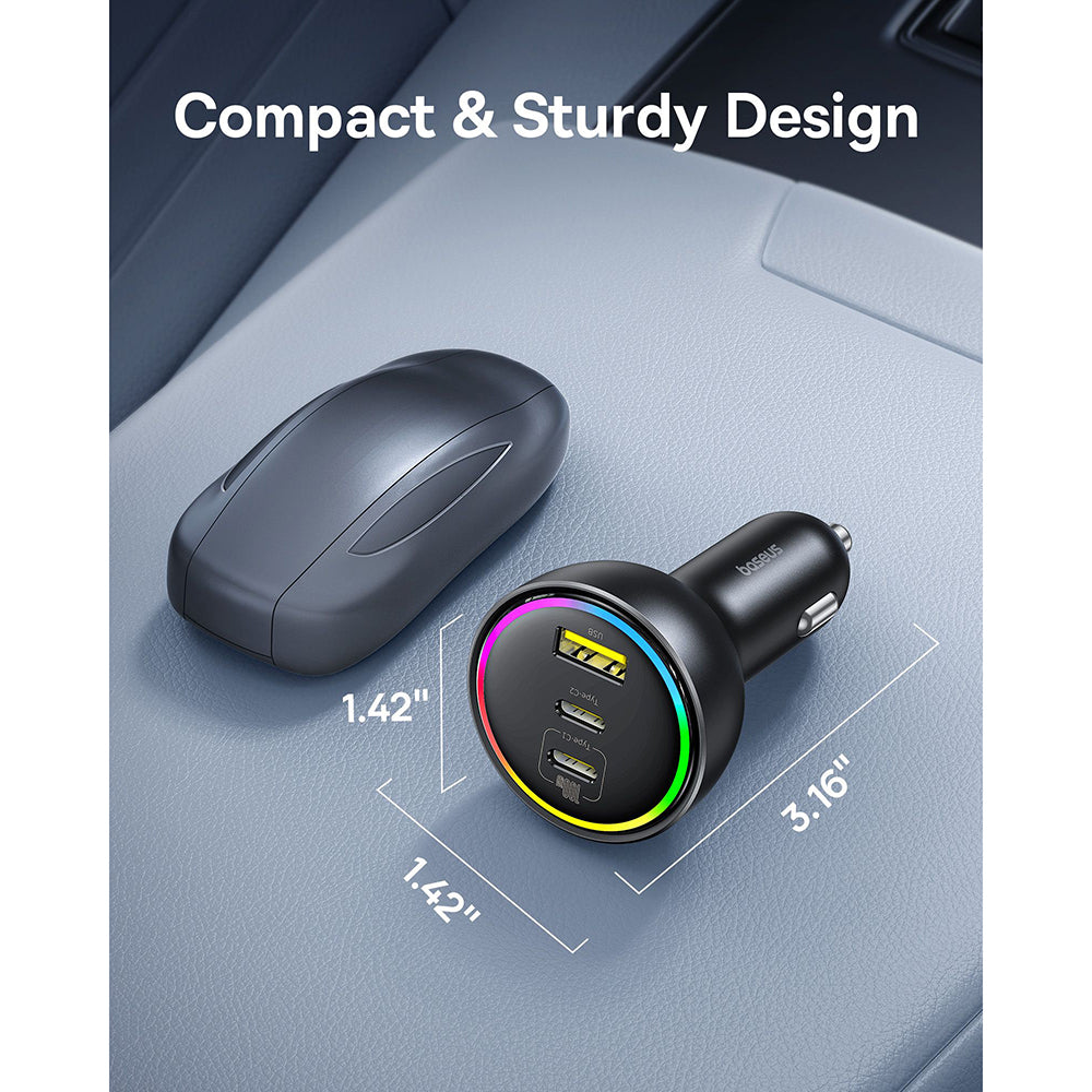 Baseus - Car Charger (C00036101111-00) - 2x USB-C, USB, 152.5W, Fast Charging, RGB Ambient Light, USB-C Cable - Cluster Black