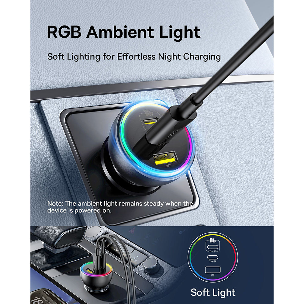 Baseus - Car Charger (C00036101111-00) - 2x USB-C, USB, 152.5W, Fast Charging, RGB Ambient Light, USB-C Cable - Cluster Black