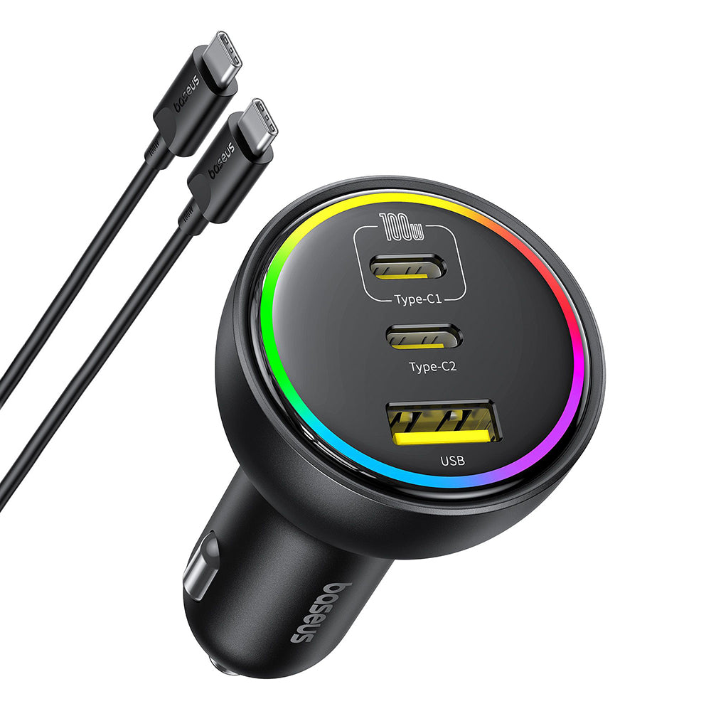 Baseus - Car Charger (C00036101111-00) - 2x USB-C, USB, 152.5W, Fast Charging, RGB Ambient Light, USB-C Cable - Cluster Black