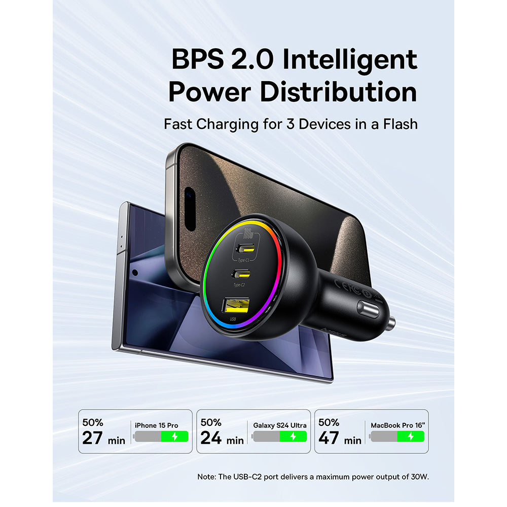 Baseus - Car Charger (C00036101111-00) - 2x USB-C, USB, 152.5W, Fast Charging, RGB Ambient Light, USB-C Cable - Cluster Black
