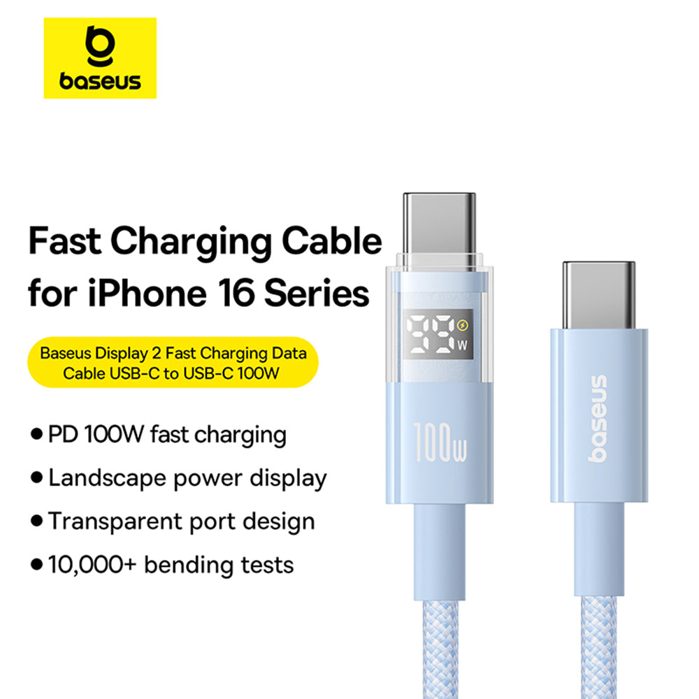 Baseus - Data Cable Display 2 (P10382702311-01) - Fast Charging, Type-C to Type-C, Digital Display, 100W, 2m - Galaxy Blue