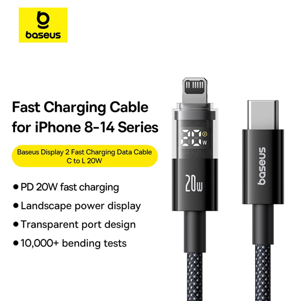 Baseus - Data Cable Display 2 (P10382703121-01) - Fast Charging, Type-C to Lightning, Digital Display, 20W, 2m - Cosmic Black