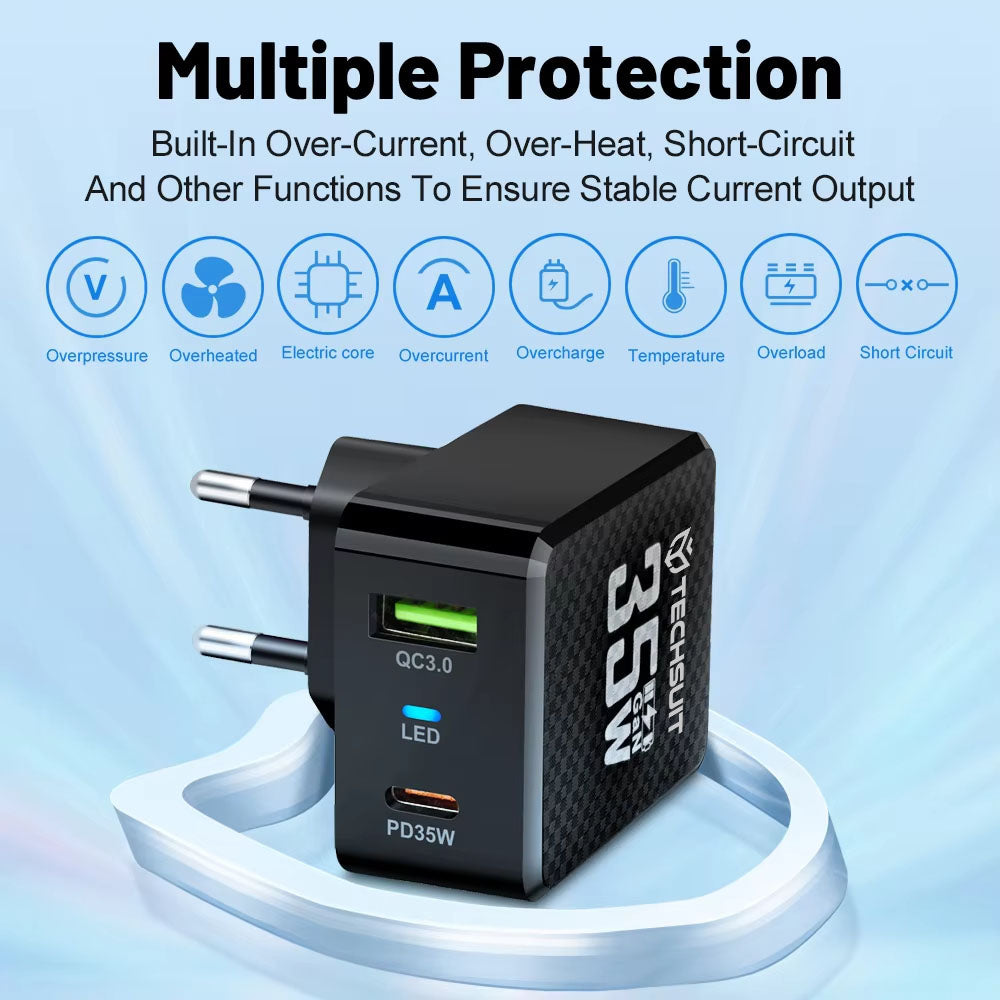 Techsuit - Premium Wall Charger Tiny Series (CHPD173) - GaN, USB, Type-C, Fast Charge, PD35W - Black