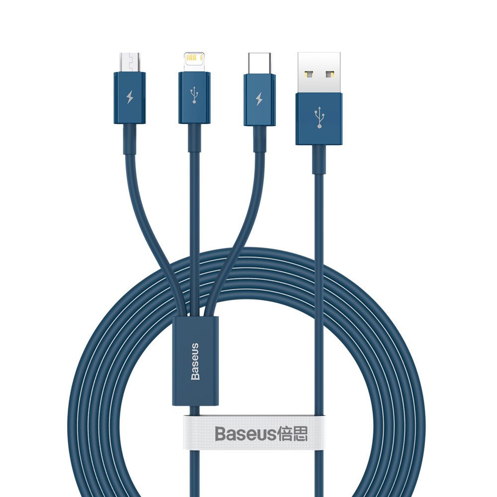 Baseus - Data Cable Superior Series (CAMLTYS-03) - USB to Type-C, Micro-USB, Lightning, Fast Charging 3.5A, 1.5m - Blue