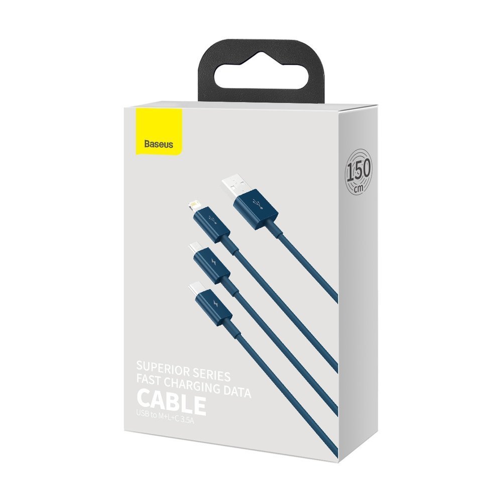 Baseus - Data Cable Superior Series (CAMLTYS-03) - USB to Type-C, Micro-USB, Lightning, Fast Charging 3.5A, 1.5m - Blue