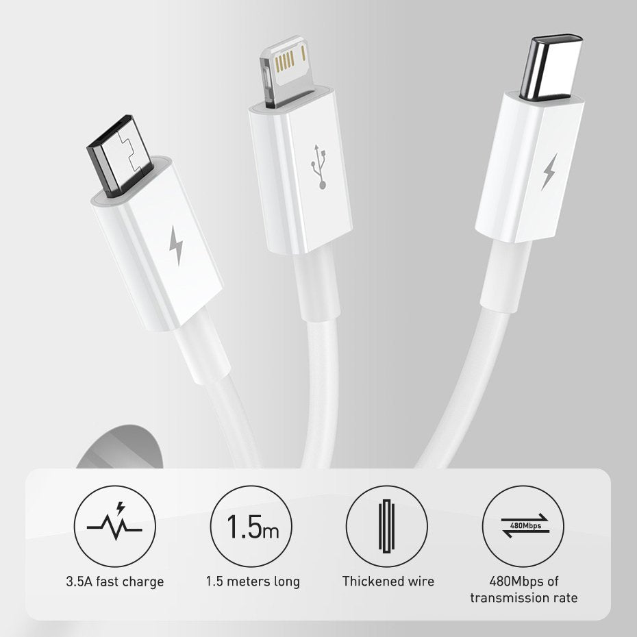 Baseus - Data Cable Superior Series (CAMLTYS-03) - USB to Type-C, Micro-USB, Lightning, Fast Charging 3.5A, 1.5m - Blue
