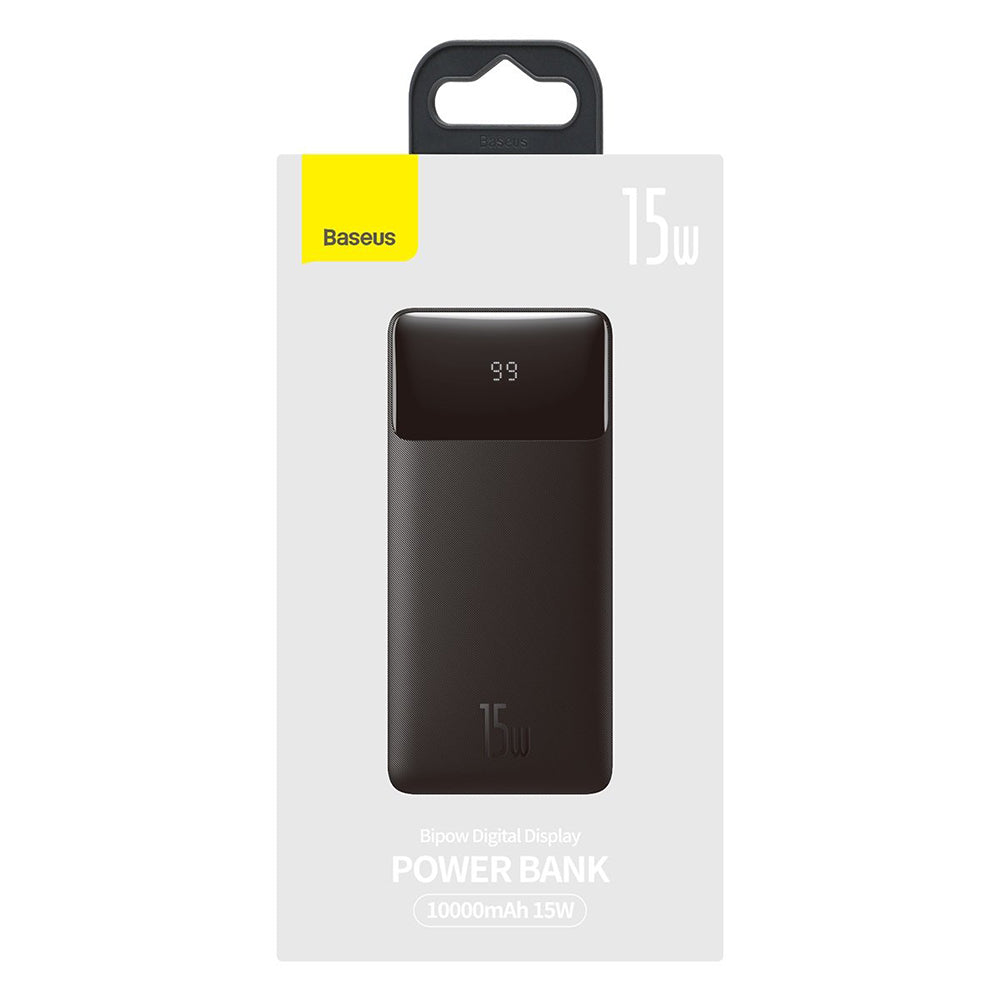 Baseus - Power Bank Bipow (PPBD050001) - Digital Display 2xUSB QC3.0, USB-C 10000mAh 15W + Cable Micro-USB 0.25m - Black